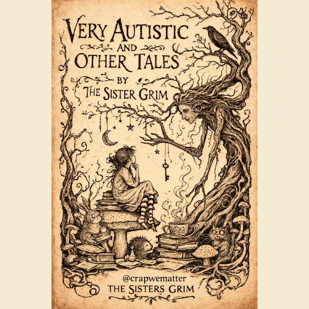 Very Autistic and Other Tales by The Sister Grim — illustrated book cover showing a girl sitting on a stack of books beneath a gnarled tree with a face, surrounded by a raven, rabbit, hedgehog, and mouse. Stars and a key hang from the branches.