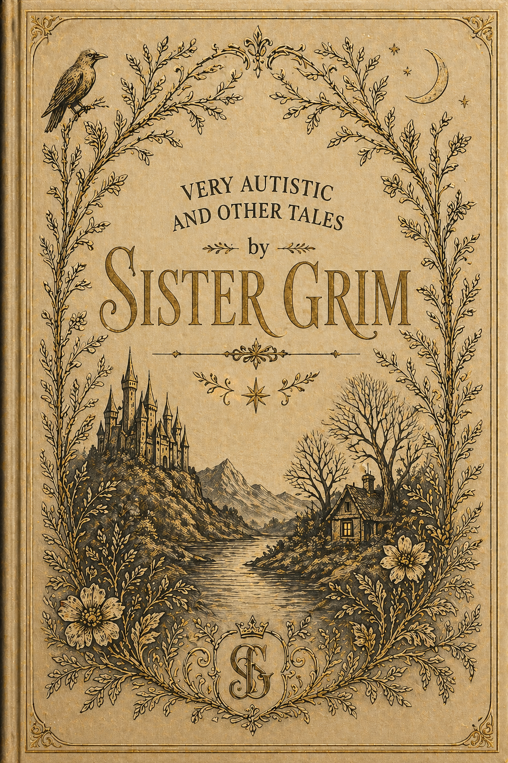 Very Autistic and Other Tales by The Sister Grim — illustrated book cover showing a girl sitting on a stack of books beneath a gnarled tree with a face, surrounded by a raven, rabbit, hedgehog, and mouse. Stars and a key hang from the branches.