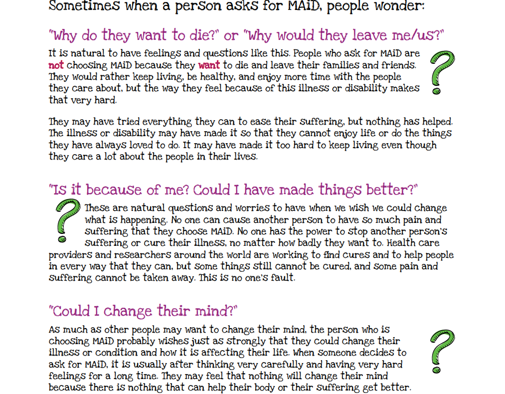 Page from MAiD activity book: Could I change their mind? The person probably wishes just as strongly that they could change their illness. They may feel that nothing will change their mind because there is nothing that can help.