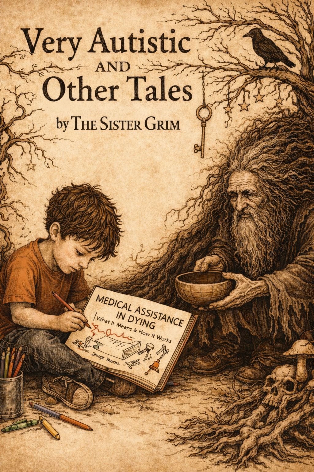 Illustration in Brothers Grimm style: an ancient gnarled grandfather holds a wooden bowl while a child sits on the ground colouring a book titled Medical Assistance in Dying. A crow watches from a dead tree. Skulls and mushrooms grow from the roots.