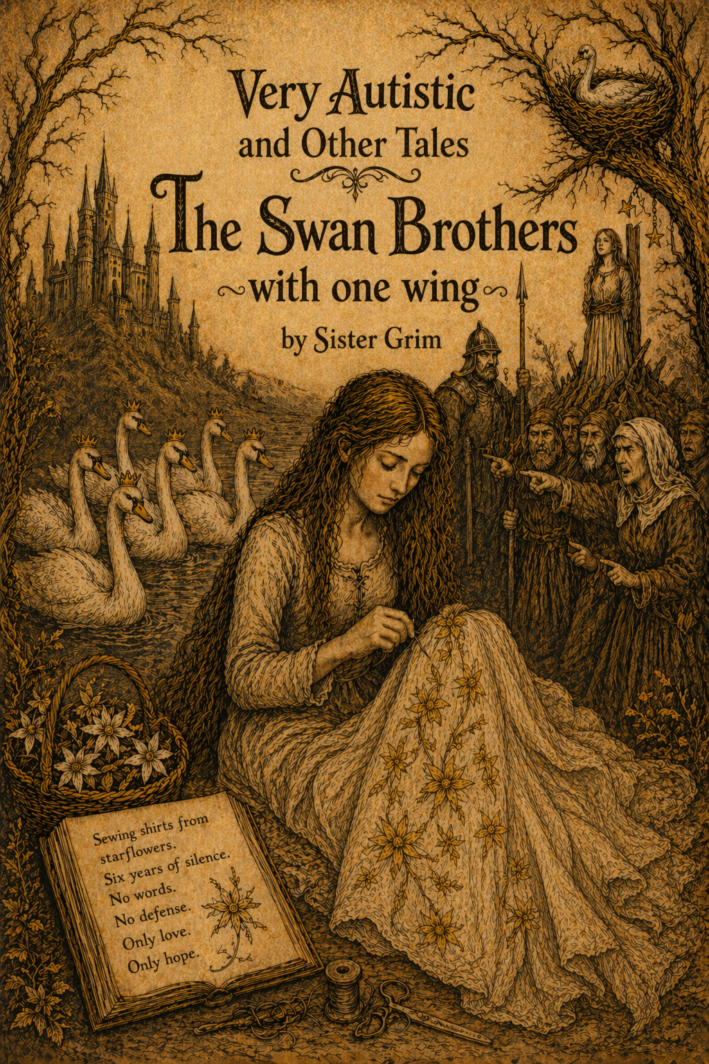 Very Autistic and Other Tales: The Swan Brothers with One Wing by Sister Grim. Brothers Grimm style illustration on aged parchment. A young woman sits in silence sewing a shirt from starflowers while crowned swans swim behind her on a river. An armed crowd points and accuses. A book at her feet reads: Sewing shirts from starflowers. Six years of silence. No words. No defense. Only love. Only hope. A castle rises in the background.