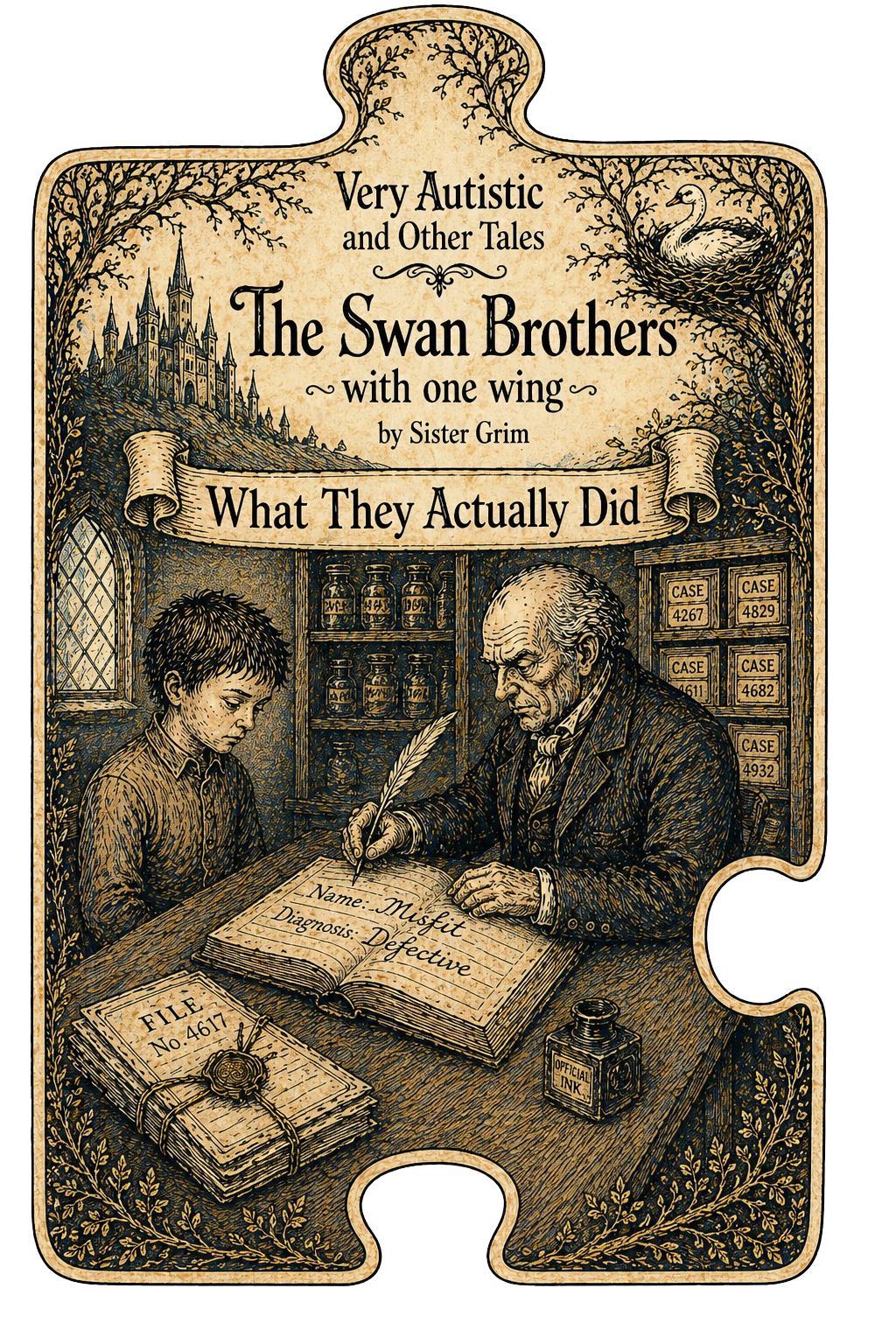 Very Autistic and Other Tales: What They Actually Did by Sister Grim. Brothers Grimm style illustration showing an elderly official writing in a large ledger — Name: Misfit, Diagnosis: Defective — while a child sits across the desk. Case files line the wall behind them. A sealed file numbered 4617 sits on the desk beside an inkwell labelled Official Ink. A swan nests in a tree outside the castle window.